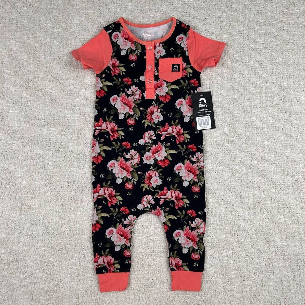 Rags to Raches Girls Romper 3-6M Black Pink Floral Snap Stretch Short Sleeve‎